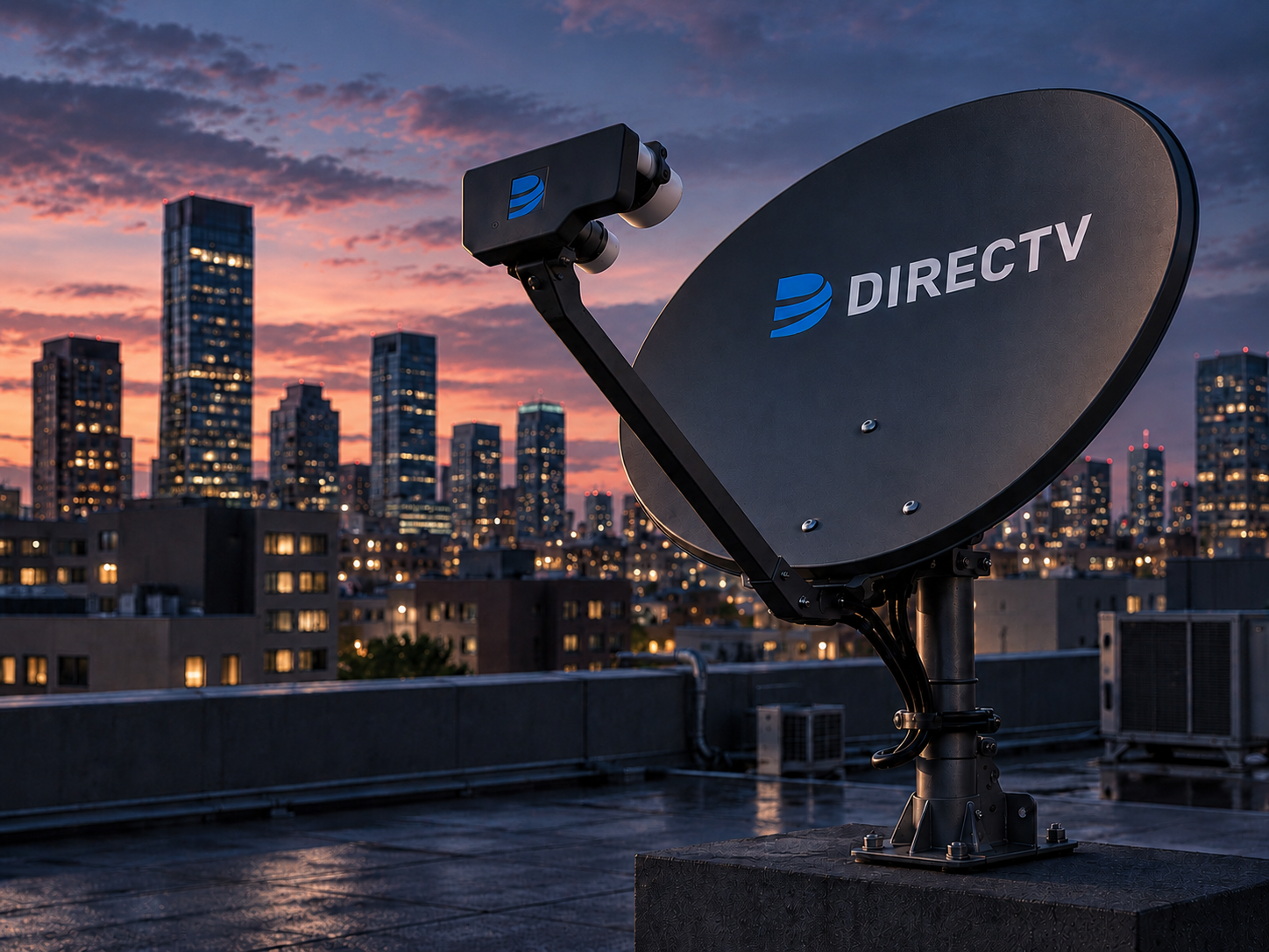 DIRECTV satellite dish on a city rooftop at sunset