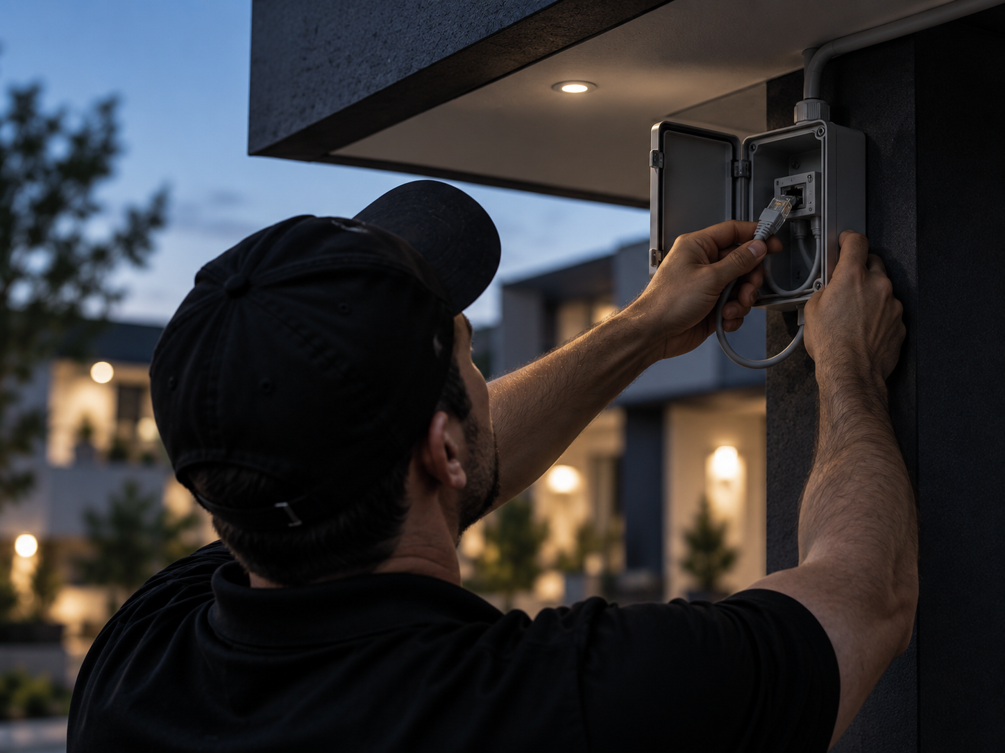 Technician connecting cabling in an exterior network box